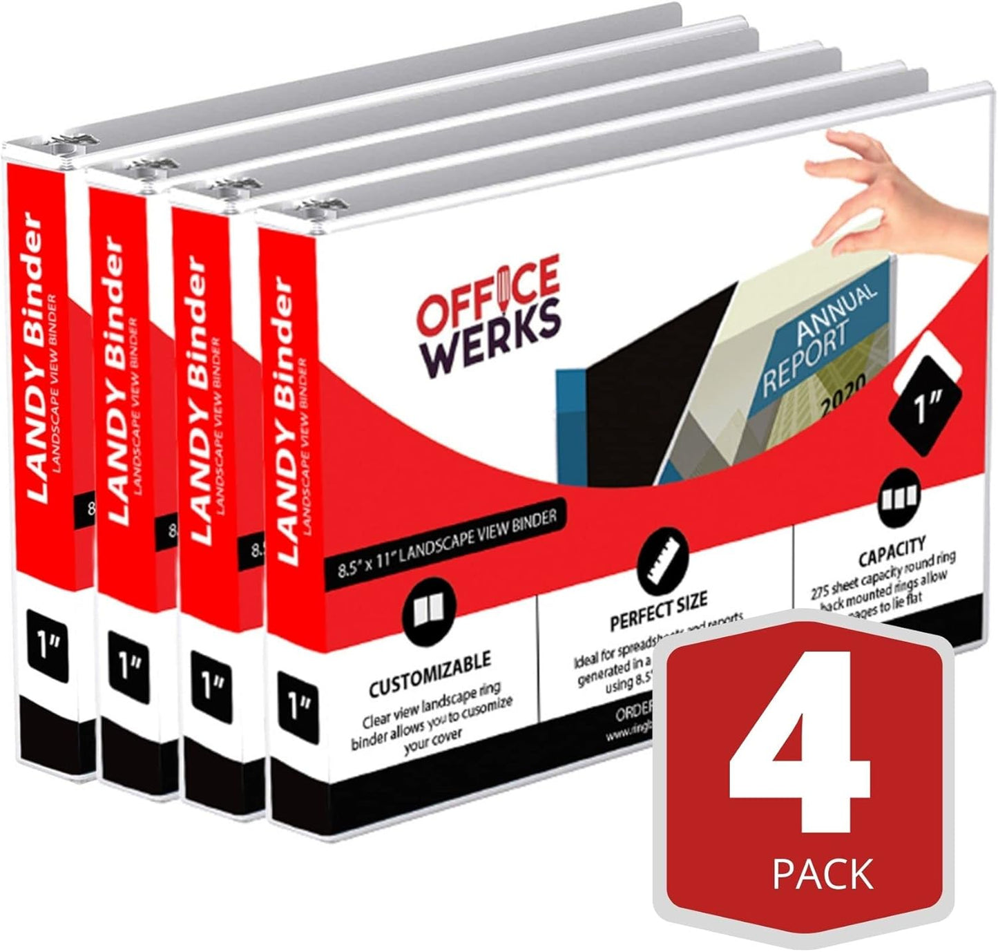 4 Pack of 8.5" X 11" Landscape View Binder, 3-Ring 1-Inch Capacity Round Ring, White Horizontal Formatted with Clear Cover Pockets, Perfect for Documents, Spreadsheets, Projects and More