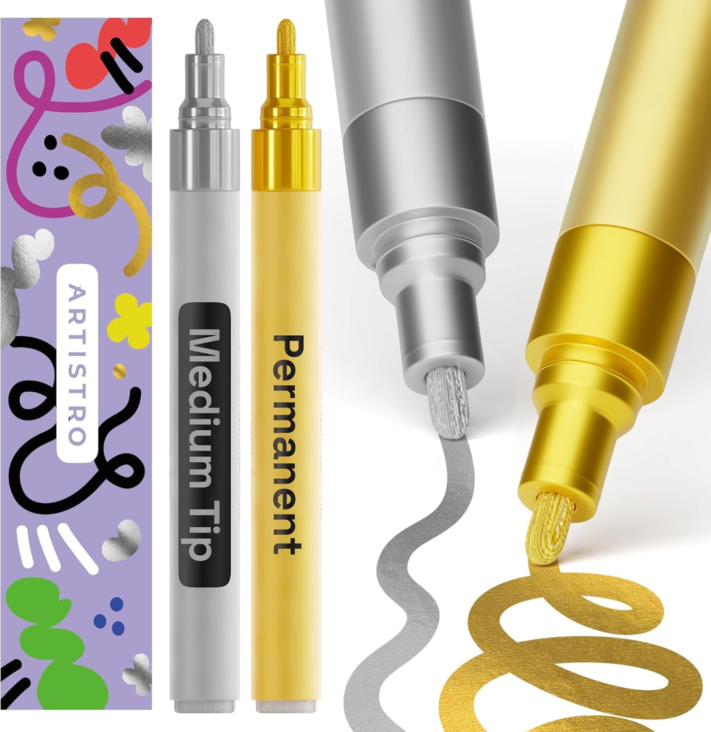 ARTISTRO 2 White Permanent Marker - Waterproof Markers for Tire, Fabric, Rocks, Glass, Ceramic, Wood, Paper - Oil Based Paint Pens - Extra-Fine Tip 0.7mm