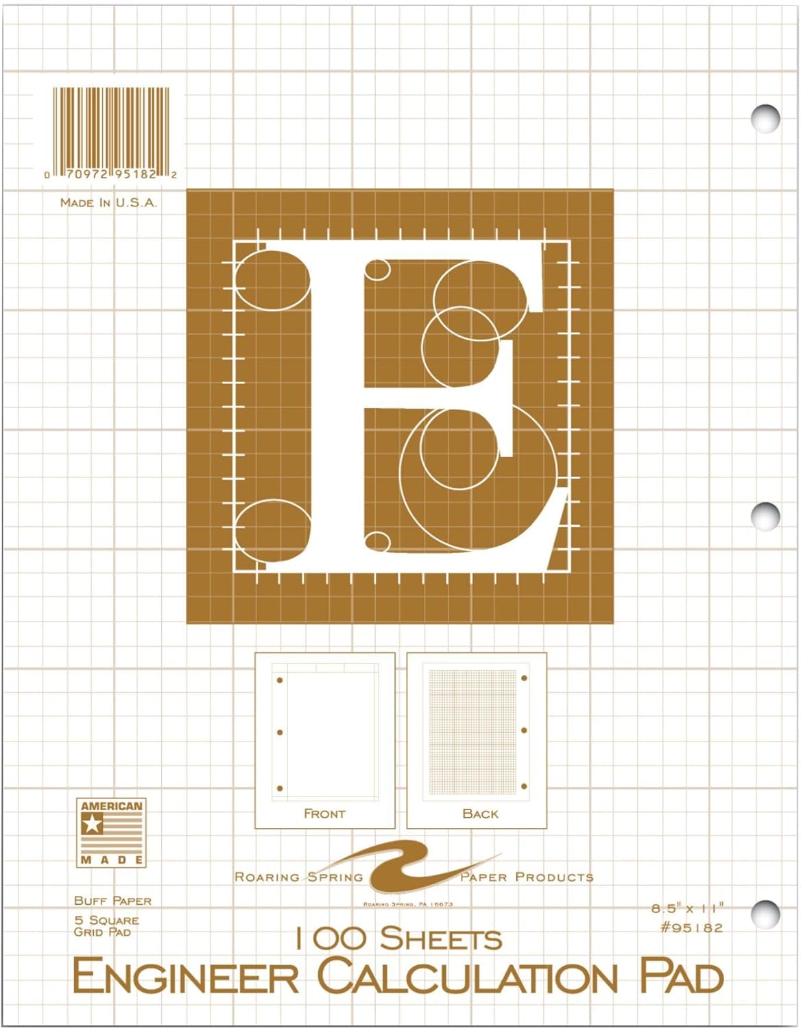ROARING SPRING Graph Ruled Engineering Pad, Engineering Graph Paper Pad, 5x5 Enclosed Grid, 8.5" x 11", 100 Sheets, 3 Hole Punched, Buff Tinted Sheets, Made in USA