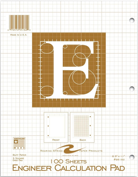 ROARING SPRING Graph Ruled Engineering Pad, Engineering Graph Paper Pad, 5x5 Enclosed Grid, 8.5" x 11", 100 Sheets, 3 Hole Punched, Buff Tinted Sheets, Made in USA