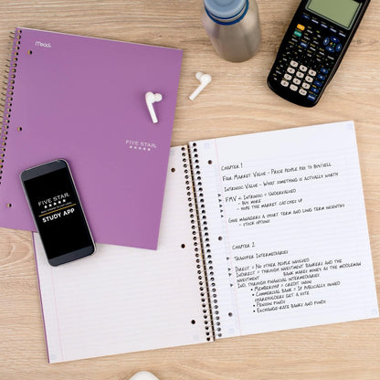 Five Star Spiral Notebook + Study App, 3 Subject, College Ruled Paper, 8-1/2" x 11", 150 Sheets, Fights Ink Bleed, Water Resistant Cover, Amethyst Purple (38746)