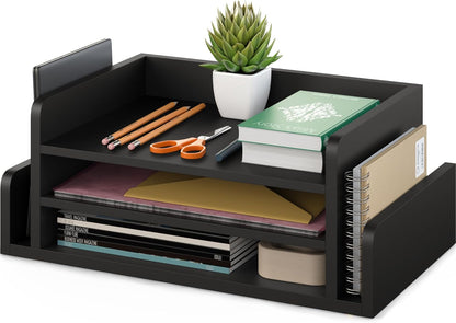 Ballucci 3-Tier Desk Organizer with 2 Side Mail Sorter Slots, Wood Letter Tray, Open Top Paper Organizer, Desktop File Organizer, Black