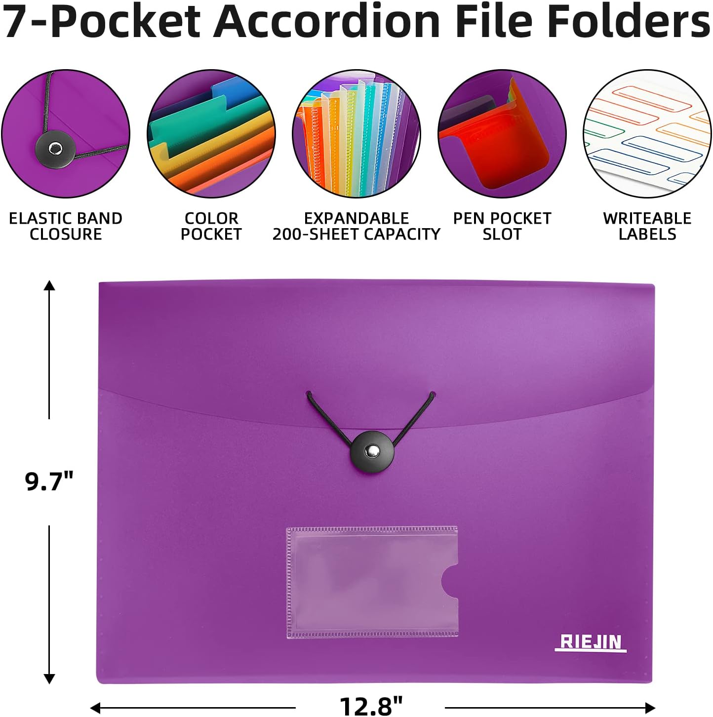 Accordian File Organizer 7 Pocket Expanding File Folder with Labels, Plastic Expandable File Folder for Documents Letter Size A4 Papers - Black