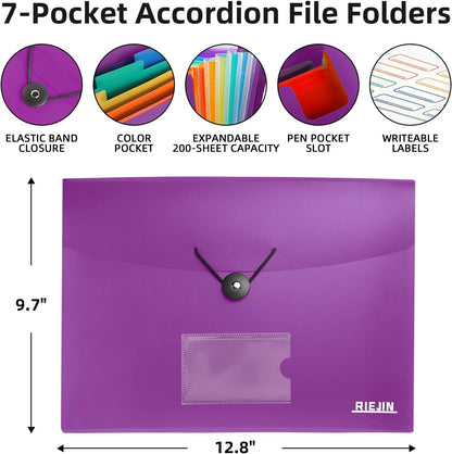 Accordian File Organizer 7 Pocket Expanding File Folder with Labels, Plastic Expandable File Folder for Documents Letter Size A4 Papers - Black