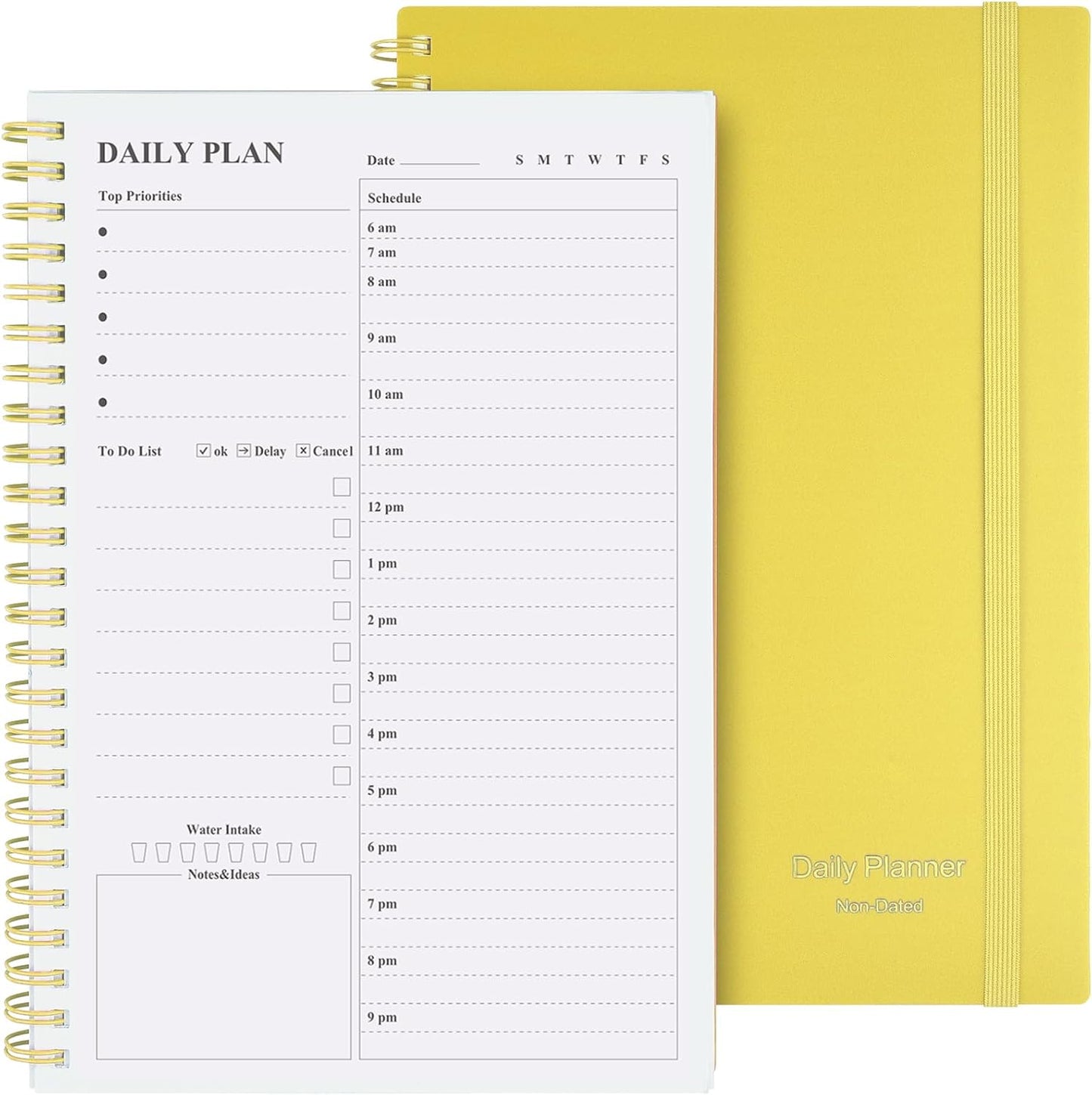 Daily Planner Undated, Asten To Do List Notebook Hourly Schedules Spiral Appointment Planner for Men and Women,PVC Hardcover,Elastic Closure, Inner Pocket 8.3" x 5.8" (Black)
