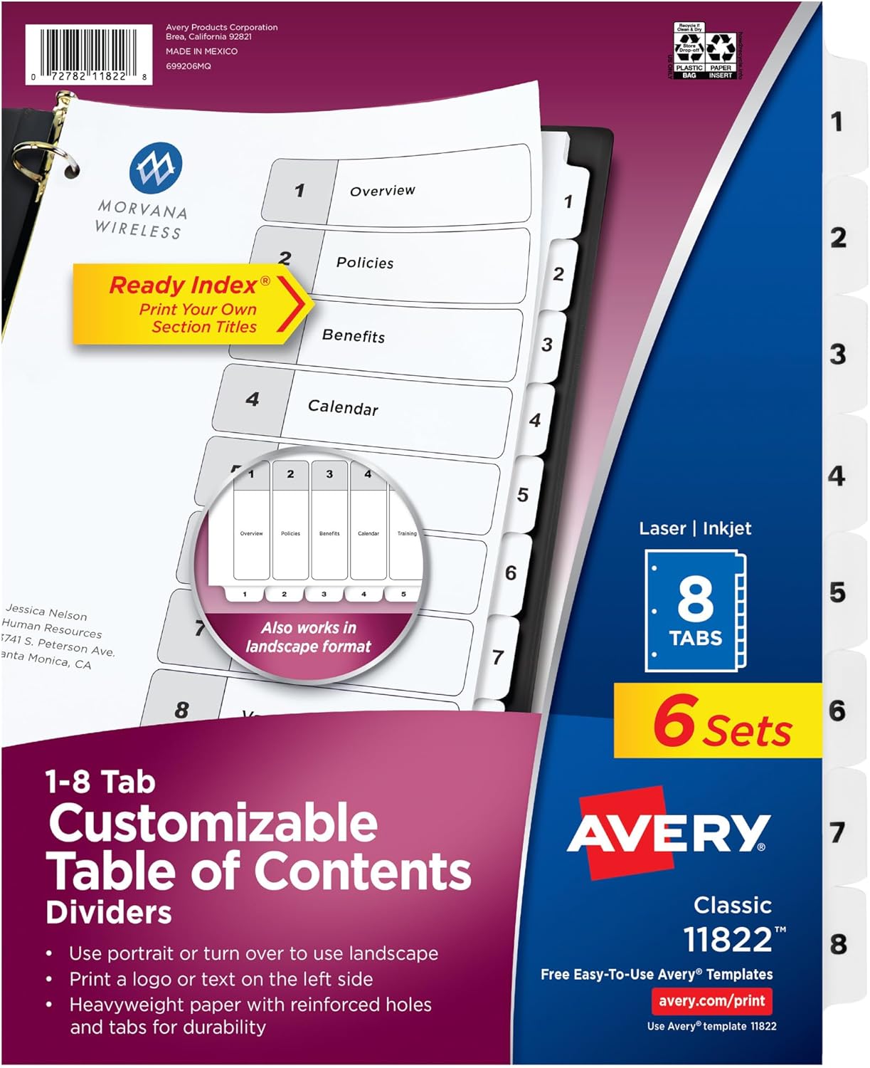 Avery 8 Tab Dividers for 3 Ring Binders, Customizable Table of Contents, Classic White Tabs, 6 Sets (11822)
