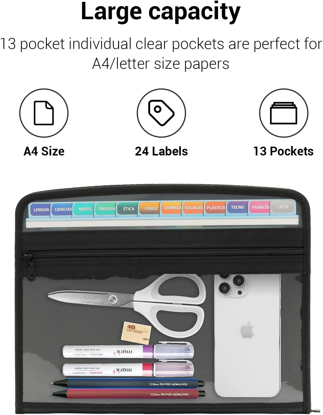 Mukawa 13 Pocket Zippered Expanding File Folder, Accordion File Organizer for Documents Letter Size A4 Papers (Pink)