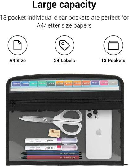 Mukawa 13 Pocket Zippered Expanding File Folder, Accordion File Organizer for Documents Letter Size A4 Papers (Pink)