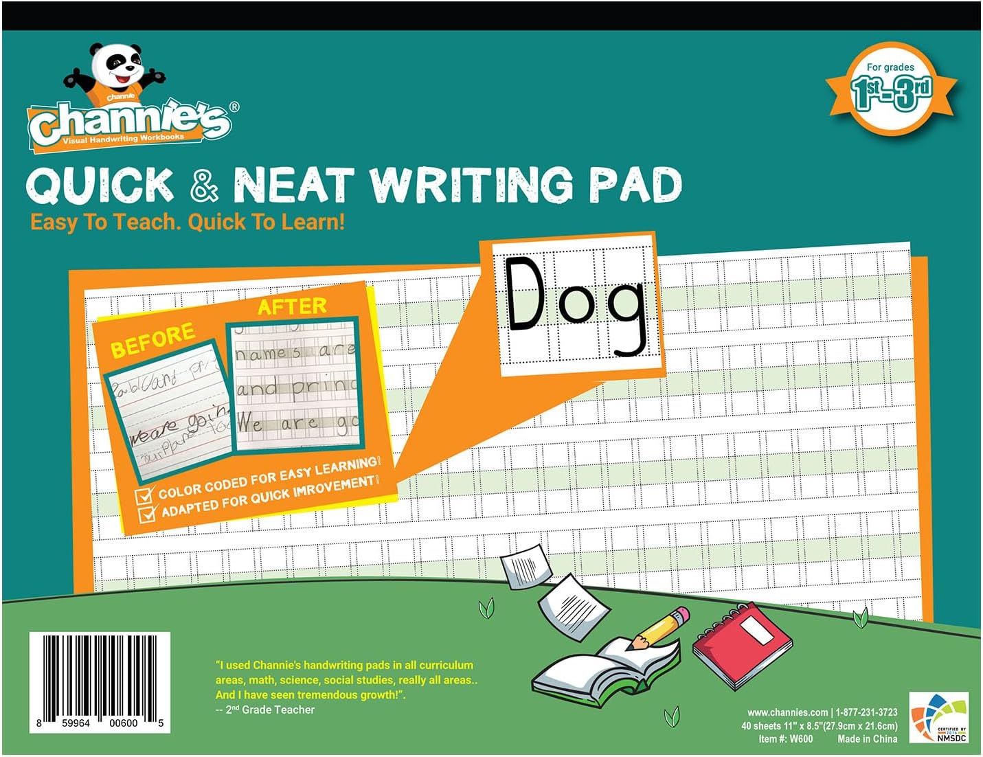 Channie's Quick & Neat Writing Pad, Practical Kids Handwriting Practice Workbook, 40 Color-Coded Double-Sided Worksheets for Easy Learning, Improves Penmanship & Writing Skills