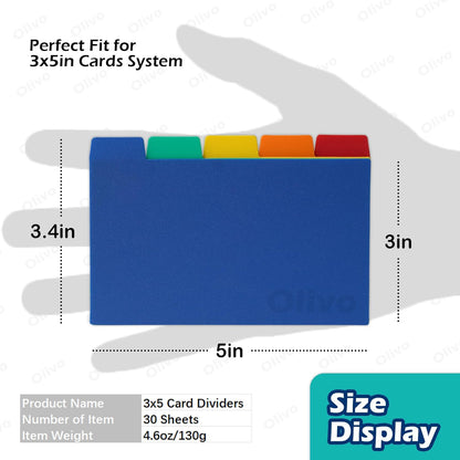 Olivo Index Card Dividers Tabs 3x5 Poly Plastic Card File Guides 3" x 5", Colored, 30 Pack
