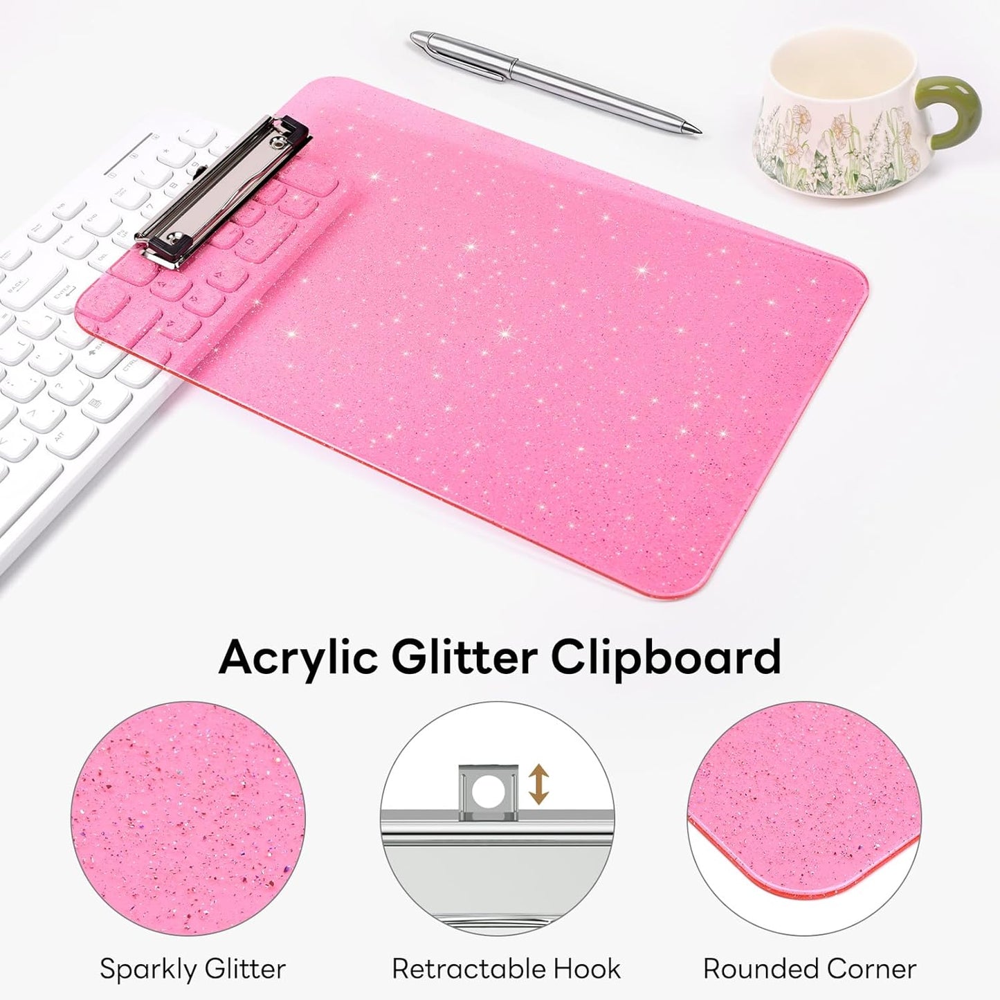 A4 Plastic Glitter Clipboard, Sparkly Pink 12.5 x 9 Letter Size for Classroom, Students, Teacher, Nurse, 8.5 x 11 Clip Board with Low Profile Clip, Office & School Supplies