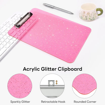 A4 Plastic Glitter Clipboard, Sparkly Pink 12.5 x 9 Letter Size for Classroom, Students, Teacher, Nurse, 8.5 x 11 Clip Board with Low Profile Clip, Office & School Supplies