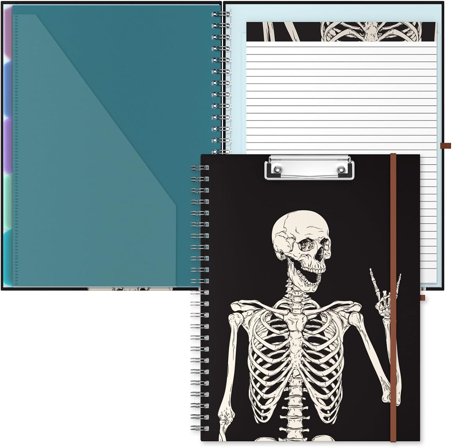 Hongri Clipboard Folio with Refillable Lined Notepad, 8.5 x 11 Folders with Storage 10 Pockets, Spiral Portfolio, Size 12.8X 9.7 in, Office & School Supplies, Skeleton
