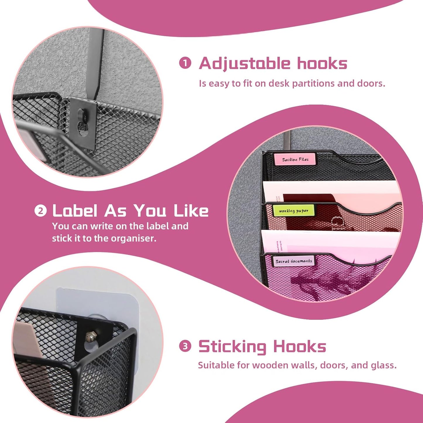 1 Pocket Mesh Wall File Holder Organizer Office Hanging File Folder Magazine Rack, Nametag Label Hooks Set Included (Black)