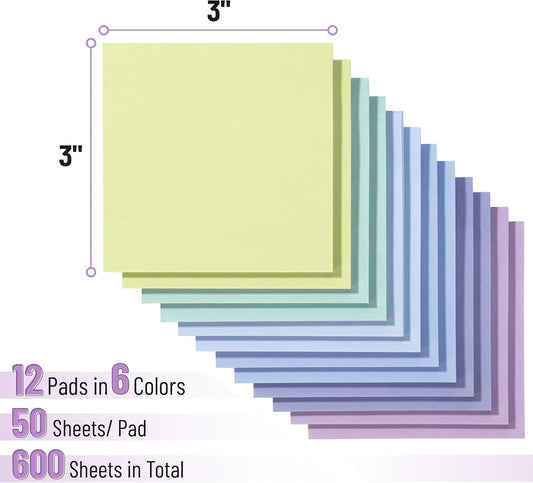 Mr. Pen- Sticky Notes, 3"x3", 12 Pads, 600 Sheets, Summer Colors, Sticky Notes Bulk, Self-Stick Note Pads, Perfect for Office, School, Home, Study & Organization