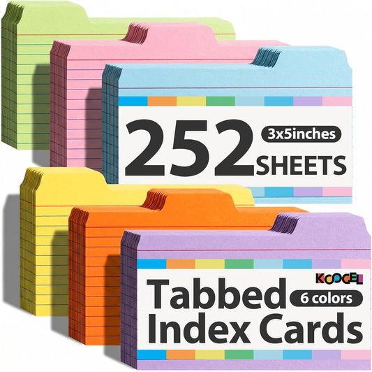 Koogel Index Cards 3x5, 252PCS Colored Flash Card Dividers with Tabs, Dividers Notecards Memo Scratch Pad for Studying Color Coding Project School Supplies Learning Recipe Note Taking To Do List