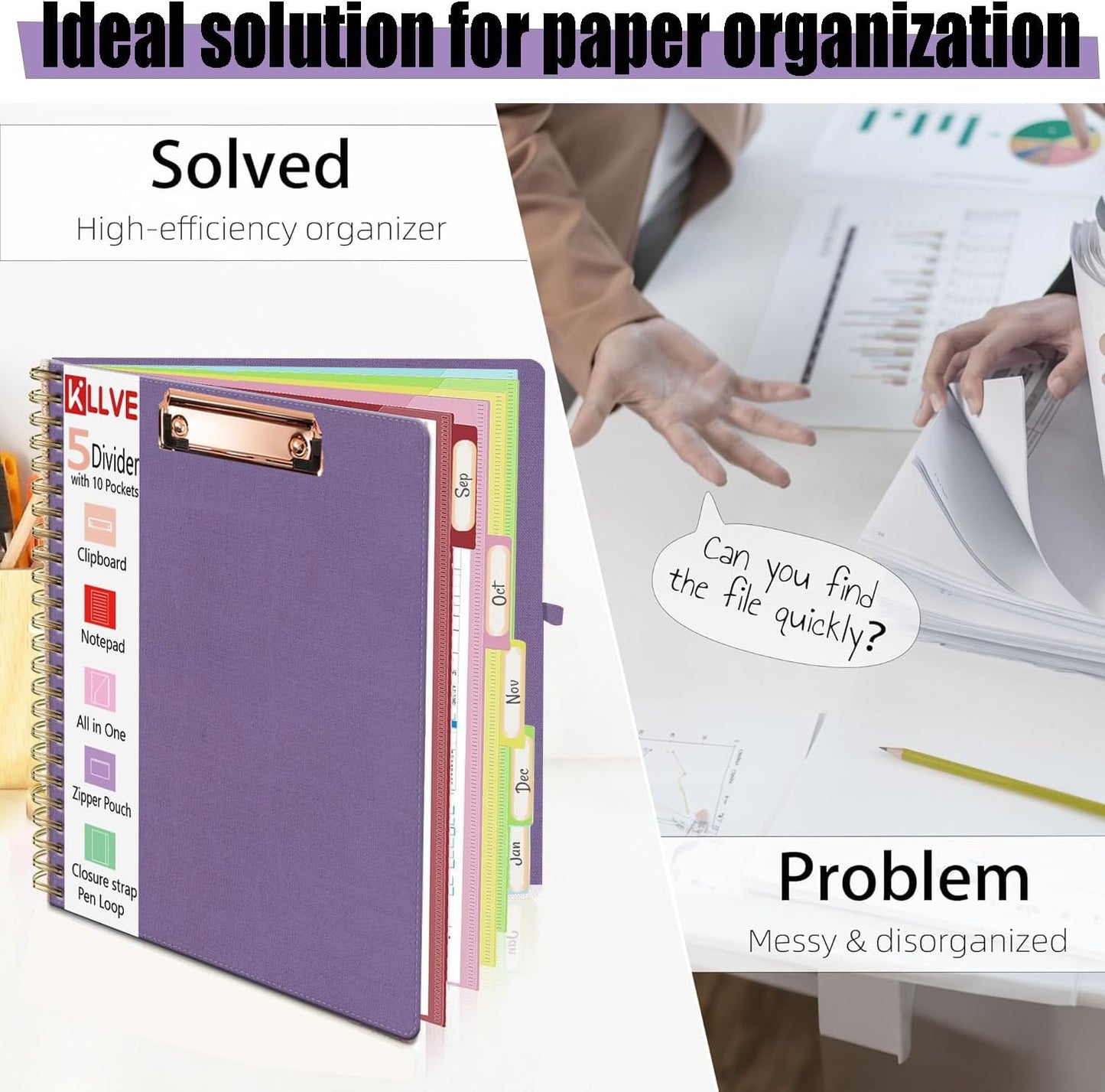 Grey Foldable Spiral Clipboard Folio with Storage Zipper Pouch, 5 Plastic Folders with Pockets,Refillable Lined Notepad (8.5" x 11"), Hardcover Project Organizer with 39 Stickers