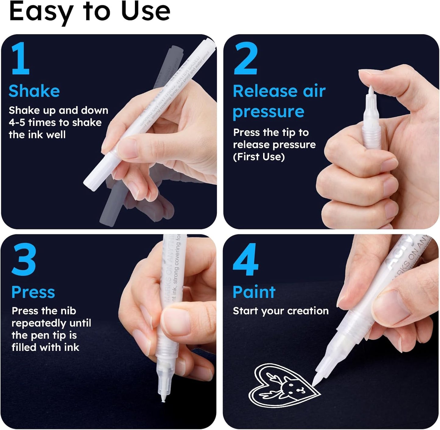 AKARUED White Paint Pen Acrylic Marker: 8 Pack 0.7mm White Paint Marker for Black Paper, Metal, Wood, Plastic, Ceramic, Metallic, Rock Painting, Drawing, Extra Fine Point, Ideal for Artist & Students