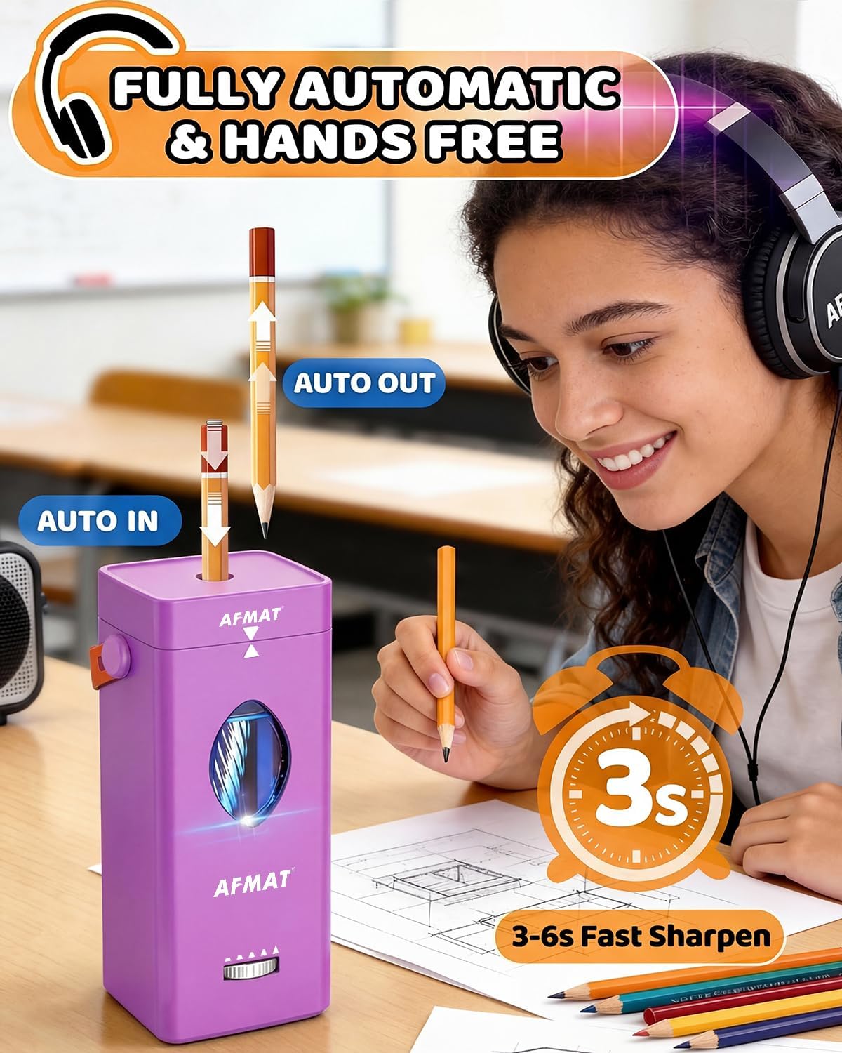AFMAT Electric Pencil Sharpener, Rechargeable & Cordless, Fully Automatic Pencil Sharpener for Classroom, Auto in & Out, 5 Sharpness Modes, Heavy Duty Sharpeners for 6-12mm No.2/Jumbo Pencils PSC7