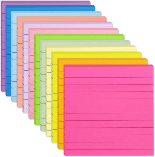 (12 Pack) Lined Sticky Notes 4x4 in, Vintage Colors Self Sticky Notes Pad Its Super Sticking Power Memo Pads, 4x4 Large Square Sticky Notes for Office, Home, School, Meeting