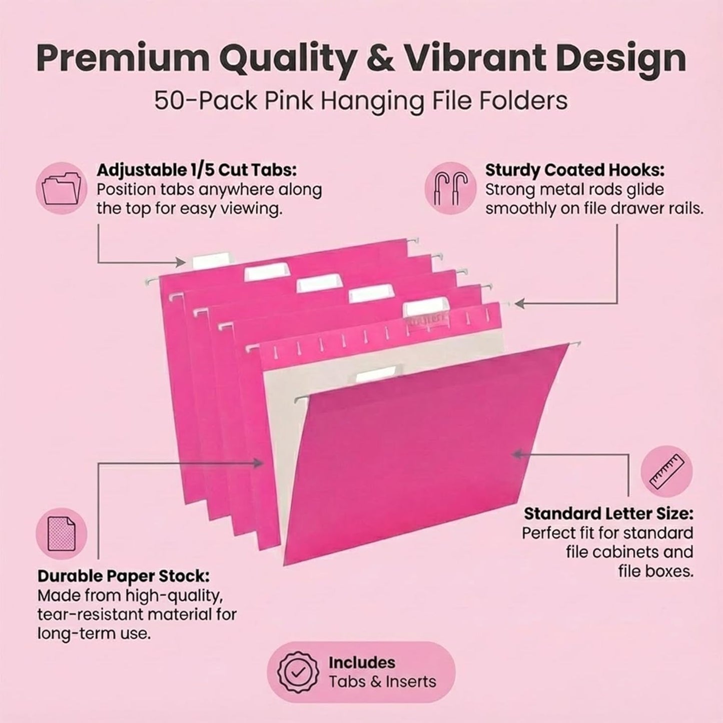 VZCPYTPM 25 Pack Hanging File Folders Letter Size,Pink Reliable Hanging Folders for Filing Cabinet,Reinforced Rods for Smooth Gliding,Includes 1/5 Adjustable Tabs & Inserts,Ideal for Home & Office