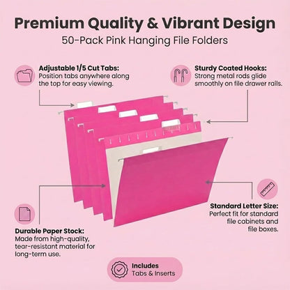 VZCPYTPM 25 Pack Hanging File Folders Letter Size,Pink Reliable Hanging Folders for Filing Cabinet,Reinforced Rods for Smooth Gliding,Includes 1/5 Adjustable Tabs & Inserts,Ideal for Home & Office