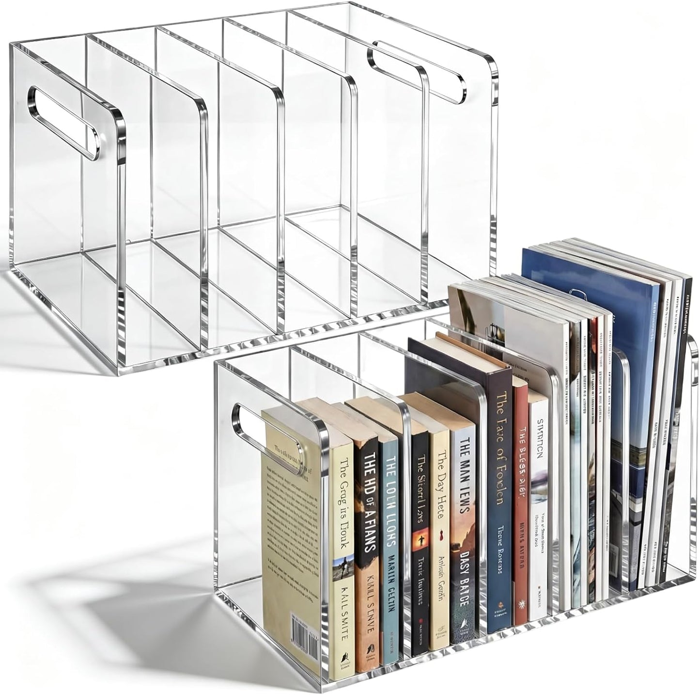 Didaey 2 Pcs Acrylic Magazine File Holder, 5 Vertical Compartments Desk Sorter Organizer Magazines Documents Books Accessories Clear Folder Rack Binder for Office Home(B5, 5 Sections, Clear)