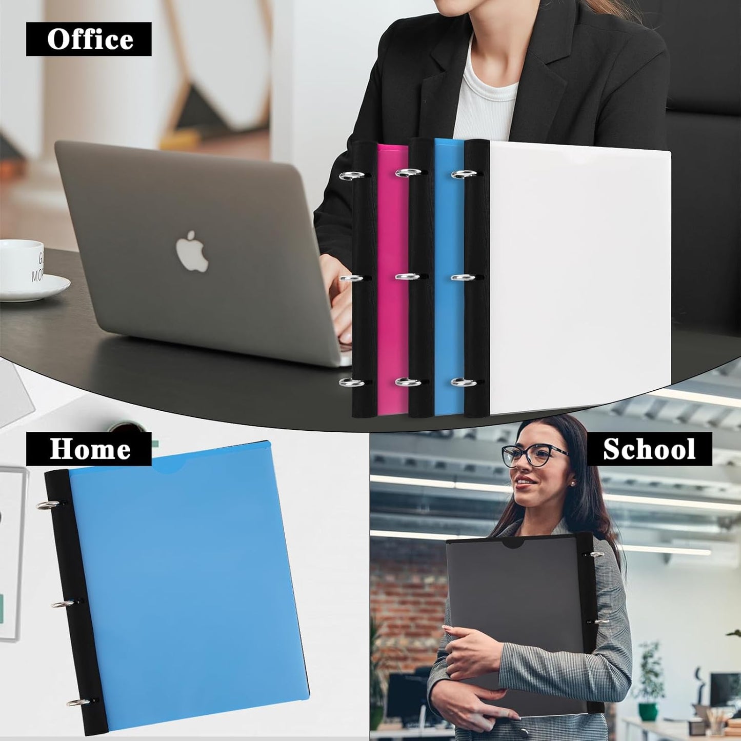 360 Degree Pivotable Binder, Upgraded 3 Ring Binder 1 inch 4 Pack, Flexible Binders 3 Ring, Foldable Three Ring Binders- Black, White, Blue, Red