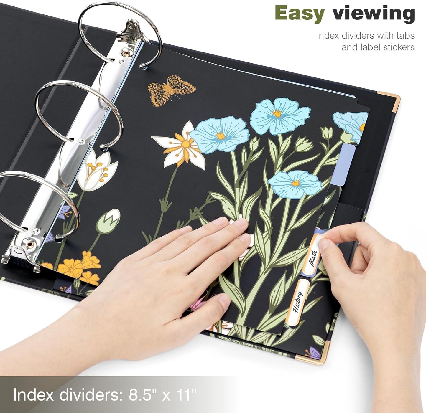 Ospelelf Binder 3 Ring 1 Inch, Floral Round Ring Clipboard Binder for Letter Size with 5 Tab Dividers, File Folder Labels, for School and Office Supplies