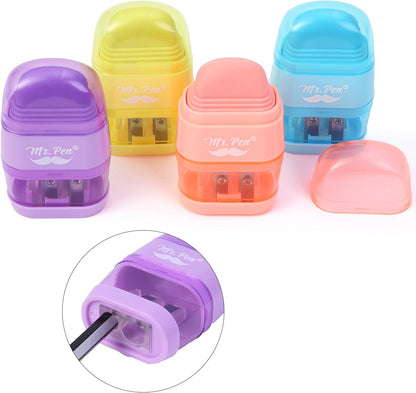 Mr. Pen- Pencil Sharpener & Eraser, 4 Pack, 2-in-1 Manual Sharpeners with Canister, 2 Sharpening Holes for Standard & Jumbo Pencils, Colorful Dual Hole Design for School, Office, Home, Kids