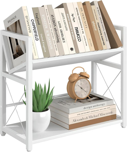 ELITEROO Desktop Bookshelf, 2 Tier Desk Shelf Organizer, Wooden Tabletop Bookcase, Small Desk Top Book Rack for Office, Home, Bedroom, Small Space Storage and Display, Rustic Brown