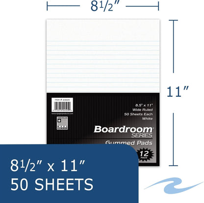 Roaring Spring Boardroom Series Wide Ruled Gummed Glue Top Legal Pads, 12 Pack, 8.5" x 11" 50 Sheets, White Paper