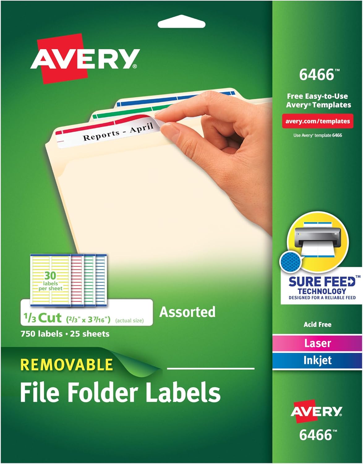 Avery File Folder Labels with Sure Feed, 2/3" x 3-7/16", 750 Printable Labels, Removable, Assorted (6466)