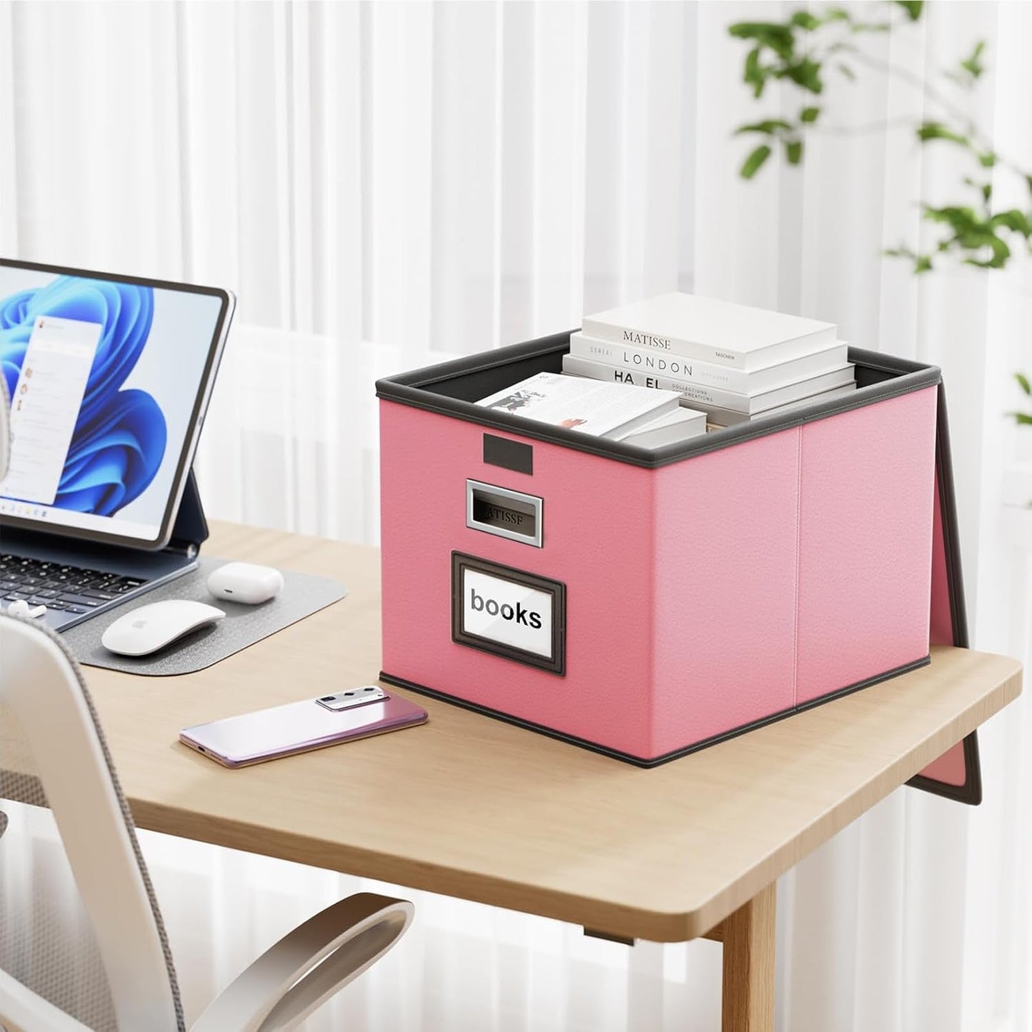 Huolewa Upgraded Portable File Organizer Box with Lid, Collapsible Linen Hanging Filing Storage Boxes with Plastic Slides, Decorative Home/Office Filing System Box for File and Folders Storage (Gray)