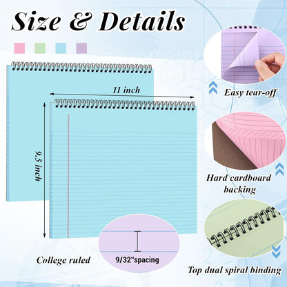 MotiMind 4 Pcs Legal Pads Landscape Notebooks Hole Punched Top Spiral Bound Notebooks 11 x 9.5 Inch College Ruled Drawing Notepad Tear Line for Removal 50 Sheet Office Steno Book(White)