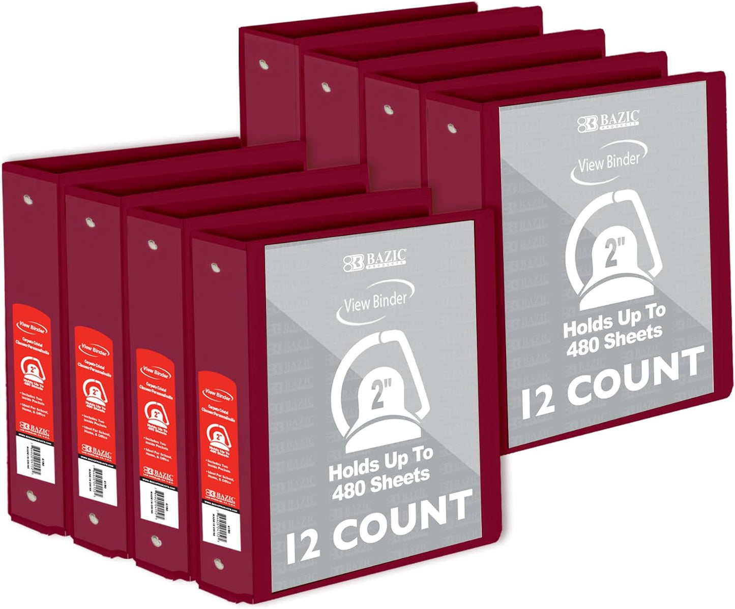 BAZIC Products 3 Ring Binder 2" View Binders Slant D Ring Organizer - Burgundy, Hold 480 Sheets Paper, for School Office Home, 1-Count