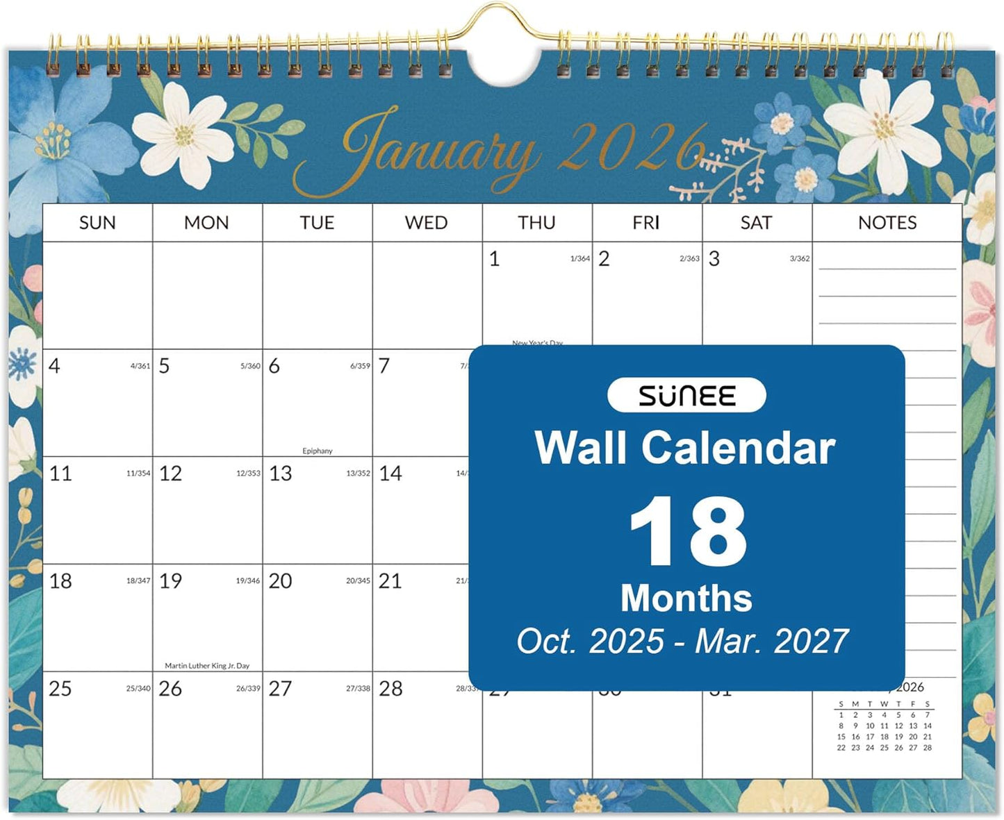 SUNEE Wall Calendar 2026 21 Months Apr. 2026 - Dec. 2027, 14.5"x11.5" Big Grid Hanging Calendar with Note for Organizing & Planning, Monthly Calendar 2026-2027 with Last Month and Next Month, White