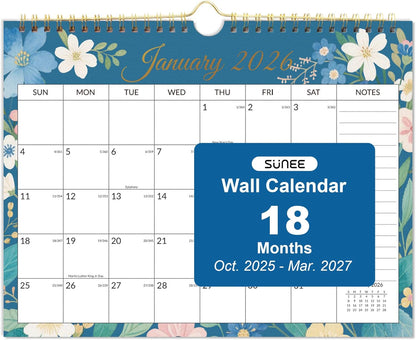SUNEE Wall Calendar 2026 21 Months Apr. 2026 - Dec. 2027, 14.5"x11.5" Big Grid Hanging Calendar with Note for Organizing & Planning, Monthly Calendar 2026-2027 with Last Month and Next Month, White