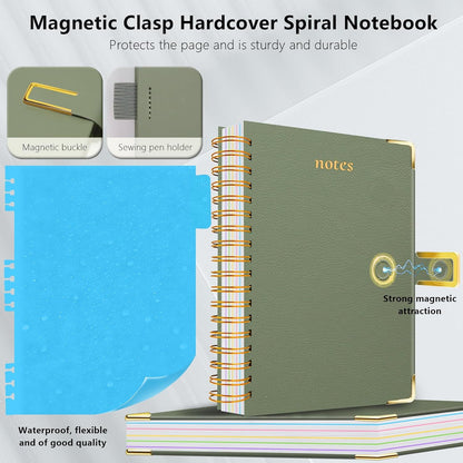 Hardcover Spiral Notebook College Ruled, 8"x10" Leather Journal Notebook with Magnetic Closure, 300 Pages 5 Subject Notebook with Dividers Tabs Journal for Women Men, Work, School(Rose Red)