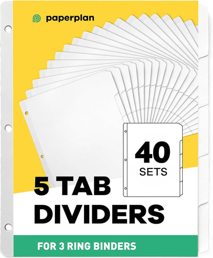 Binder Dividers with Tabs - (Set of 20) x 5 Tab Dividers for 3 Ring Binders, White, Reinforced Edge - Ideal for Keeping Your Documents Neat and Professional