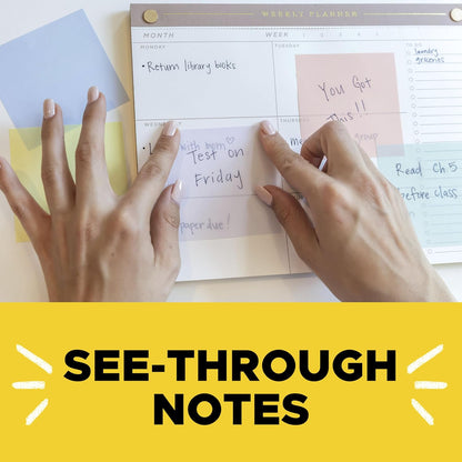 Post-it Transparent Notes, 2.8 in. x 2.8 in., Blue, Pink, Green and Orange Sticky Notes, School Supplies, Office Products, Great for Studying, 8 Pads
