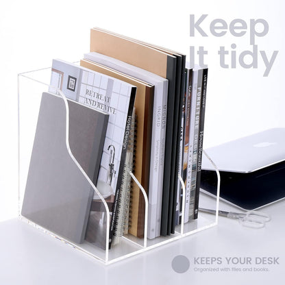 HeZone Acrylic Magazine Rack File Holder Desk Organizers and Storage 2-Pack Small Clear Acrylic Vertical Magazine Holder Book Stand for Office Desk