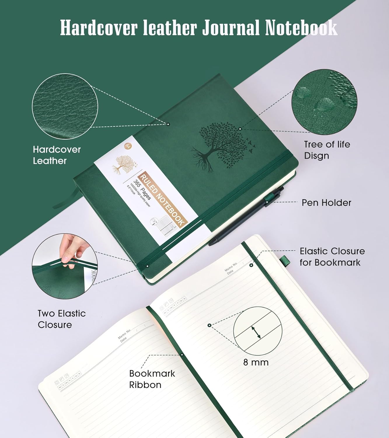 Lined Journal Notebook -365 Pages A5 Thick Journals for Writing Ruled Notebook, Hardcover Leather Journal for Women Men Daily Journal Notebook for Work, Note Taking, 100Gsm Lined Paper( 5.75'' X 8.38'' Green)