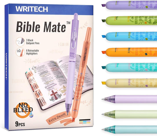 WRITECH Bible Mate Journaling Set: No Bleed Bible Highlighters & 0.7mm Black Ink Ballpoint Pens, Fast-Drying Ink, Pastel Colors Highlighter, Journaling Kit, 9ct