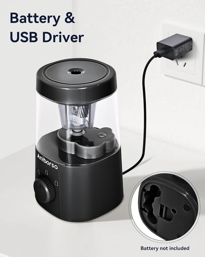 Electric Pencil Sharpener, Helical Blade Automatic Pencil Sharpener, Battery/USB Cord Operated Adjustable Sharpness for 6-8 mm Pencil, Classroom, School, Office, Home, Black