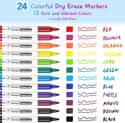 SFAIH Fine Tip Dry Erase Markers - 24 Pack Black Whiteboard Erasable Markers Bulk for Kids Adults, Ideal for Classroom School Office Home Use on White Board, Non-Toxic Easy Clean