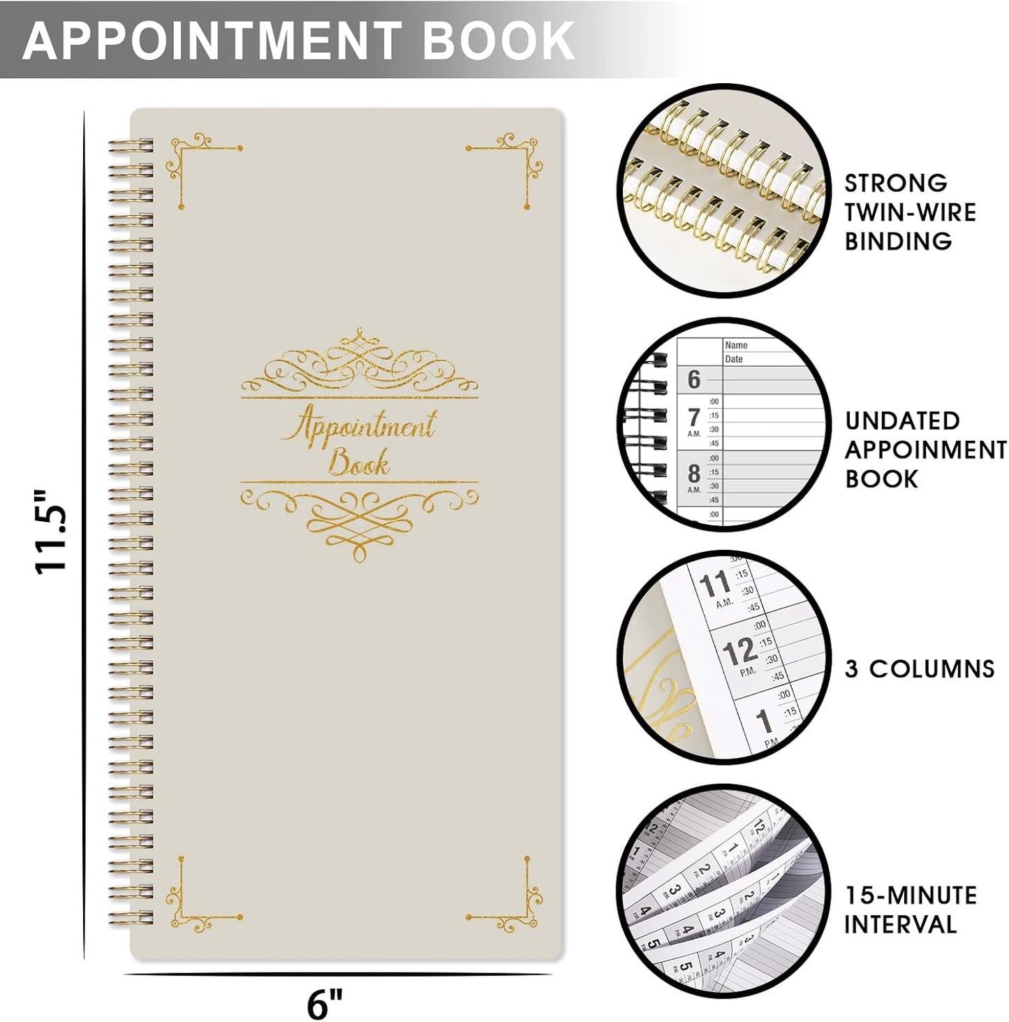 Appointment Book - Undated Salon Appointment Book, Daily & Hourly Schedule Book with 200 Pages, 6 AM - 9 PM, 15 Minute Intervals Day Planner, 6" x 11.5", 3 Column, Twin-Wire Binding, Hardcover