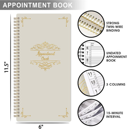 Appointment Book - Undated Salon Appointment Book, Daily & Hourly Schedule Book with 200 Pages, 6 AM - 9 PM, 15 Minute Intervals Day Planner, 6" x 11.5", 3 Column, Twin-Wire Binding, Hardcover