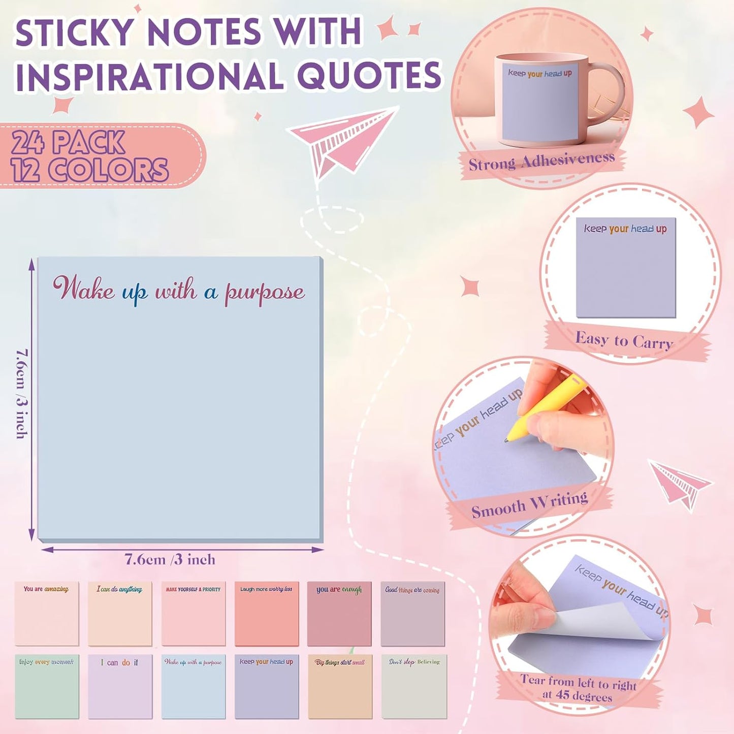 Yinder 48 Pcs Inspirational Sticky Notes Cute Motivational Sticky Notes Pad End of Year Employee Appreciation Gifts Bulk for Teacher Nurse Coworkers Office Supplies 3 x 3'' (Thank You,Dark Color)