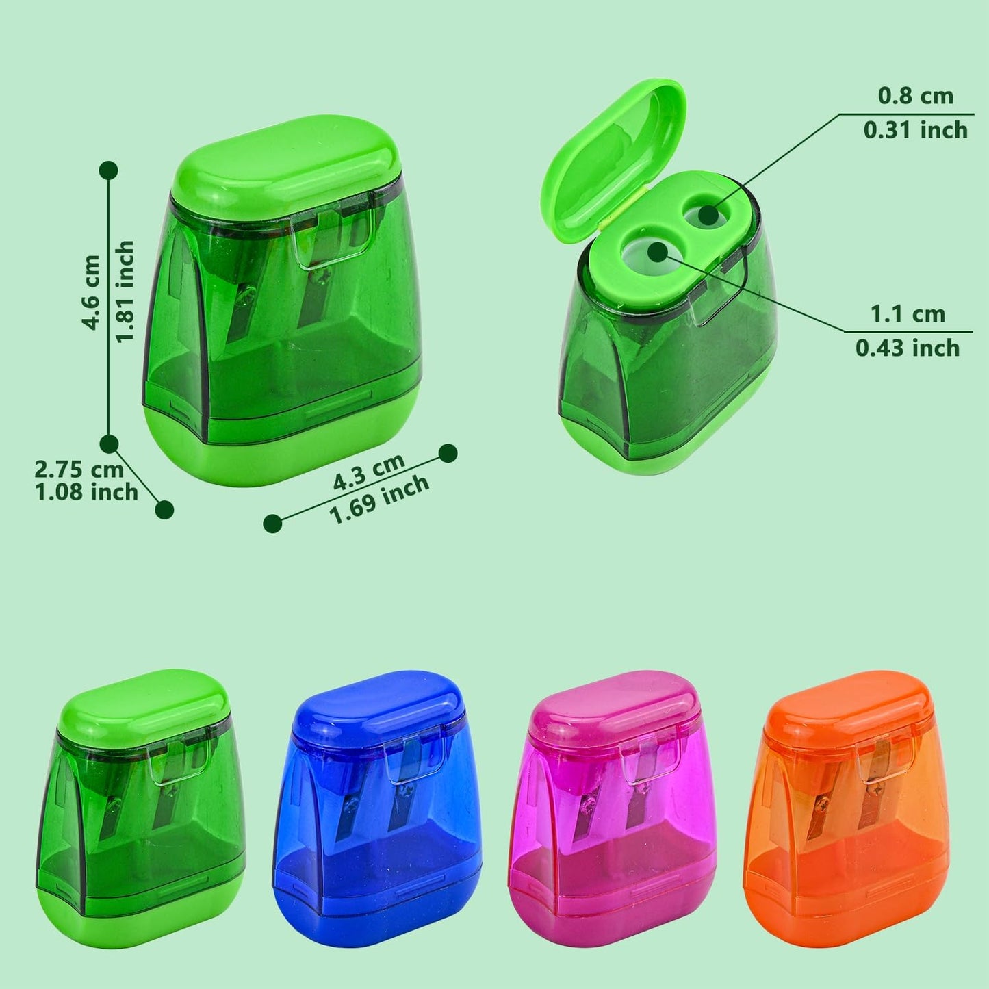 AUSTARK 4Pcs Pencil Sharpeners Manual for Kids Adults, Dual Hole Small Handheld Pencil Sharpener Bulk for Office School Home, Back to School Supplies